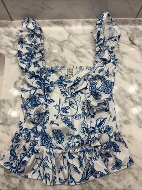 cake FOR dinner Blue Floral Ruffle Tank Top - White/Blue